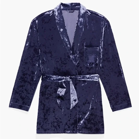 Savage X Fenty Navy Blue Whiskey Room Velvet Smoking Jacket & Boxers Pajamas Set - Picture 5 of 13